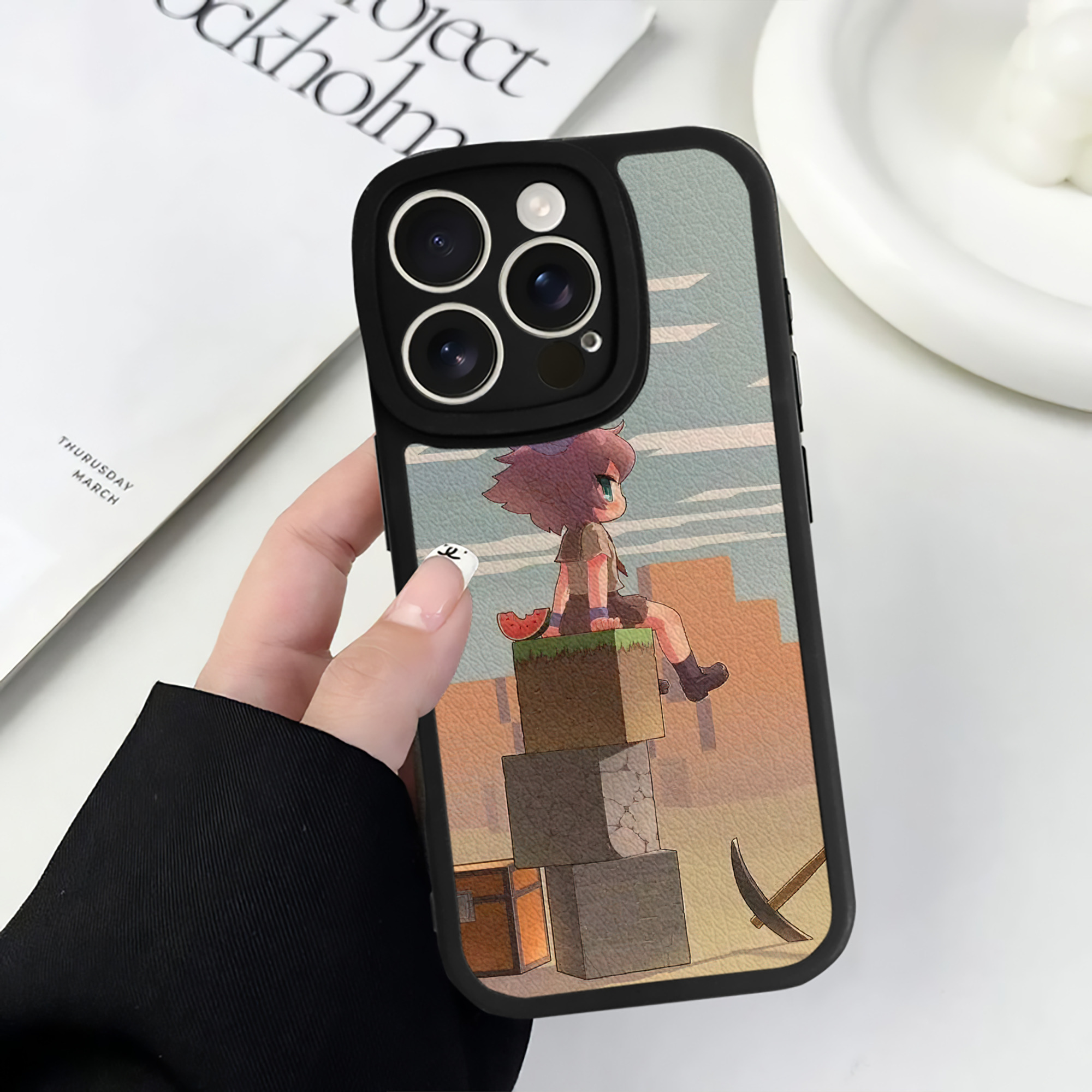 （画像用） マインクラフト ブロックの世界 Minecraft MC Block world 【iPhone 16シリーズ対応】シリコンスマホケース（レザー調） 材質：シリコン